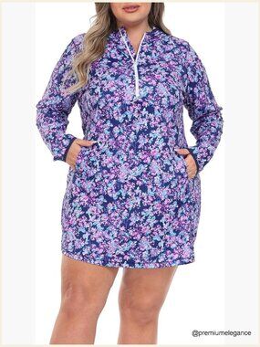 Women's Plus Size Swim Coverup Dress Hood UPF 50 Long Sleeve